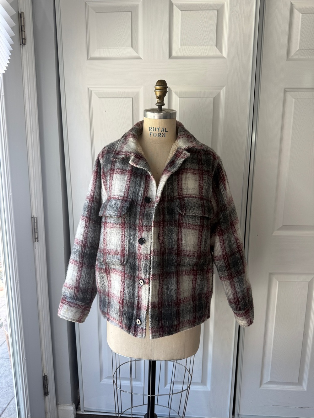 A&F Shaggy Shacket Jacket - Burgundy, Gray & Cream